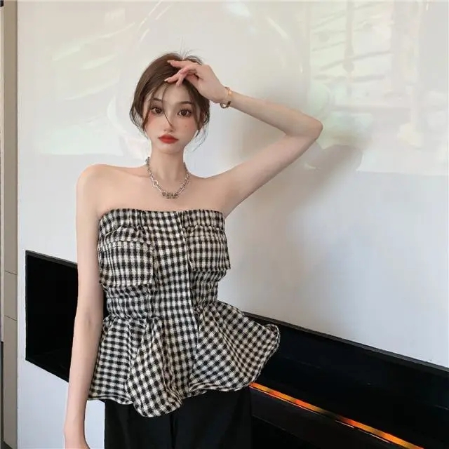 2024韓國黑白格子小吊帶背心女辣妹性感抹胸內搭上衣女外穿裹胸