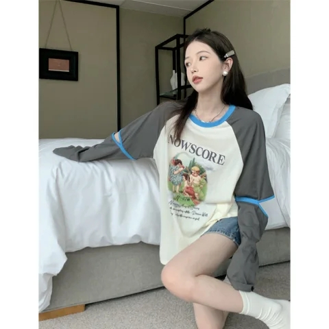 胖妹妹大碼300斤純棉插肩袖設計感撞色卡通印花T恤薄款長袖女上衣