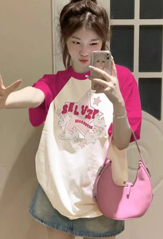 夏日多巴胺穿搭設計感小眾oversize寬鬆上衣插肩短袖t恤女