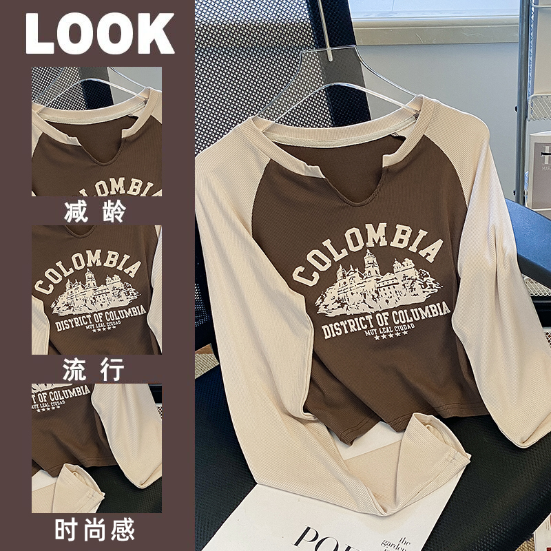 復古小V領撞色字母印花短袖修身短款t恤新款打底上衣顯瘦長袖