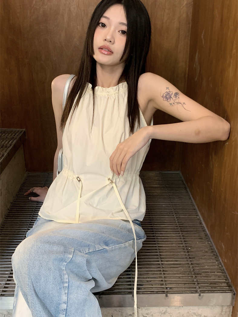 掛脖抽繩無袖內搭背心女夏小眾設計感寬鬆外穿上衣