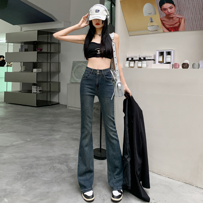 高質量水泥灰微喇牛仔褲女小個子復古高腰顯瘦喇叭九分長褲加長