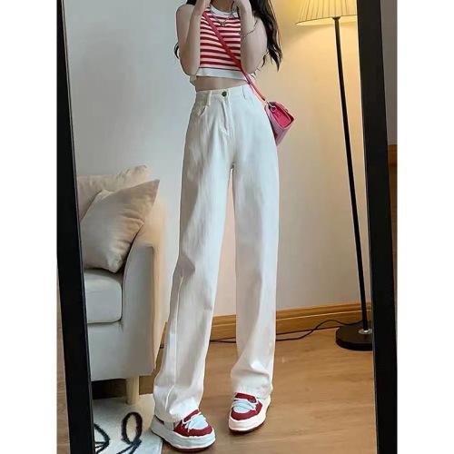 White straight-leg jeans for women, spring 2024 new arrival, high-waisted, loose and slimming, versatile wide-leg floor-length pants
