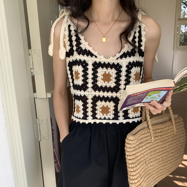 2024春夏季波西米亞復古度假針織鏤空小背心穿搭吊帶女