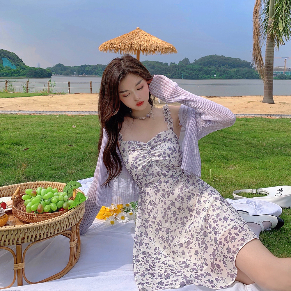 2024新款紫色吊帶裙茶歇法式炸街連衣裙夏季碎花初戀裙子女