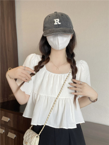 Actual shot~Summer new Korean style design square neck puff sleeves sweet babydoll top with string back