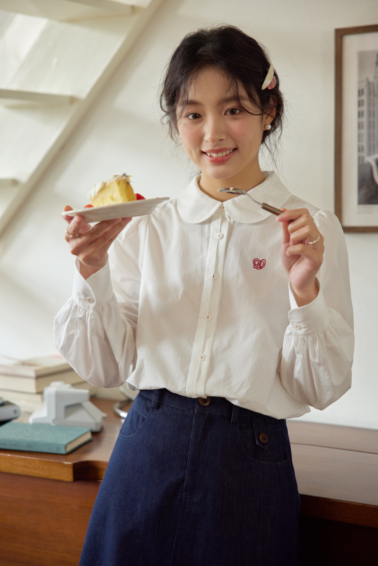 elist 什一 白色襯衫女早春新款復古長袖翻領刺繡襯衣上衣