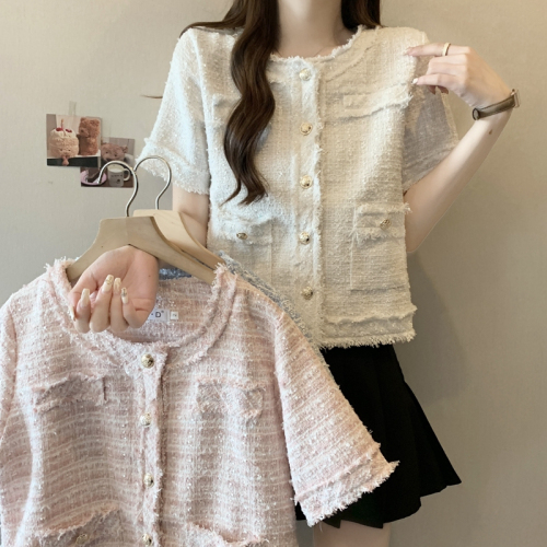 Actual shot of small fragrant style jacket for women 2024 new style tweed tassel short versatile loose foreign style short-sleeved top