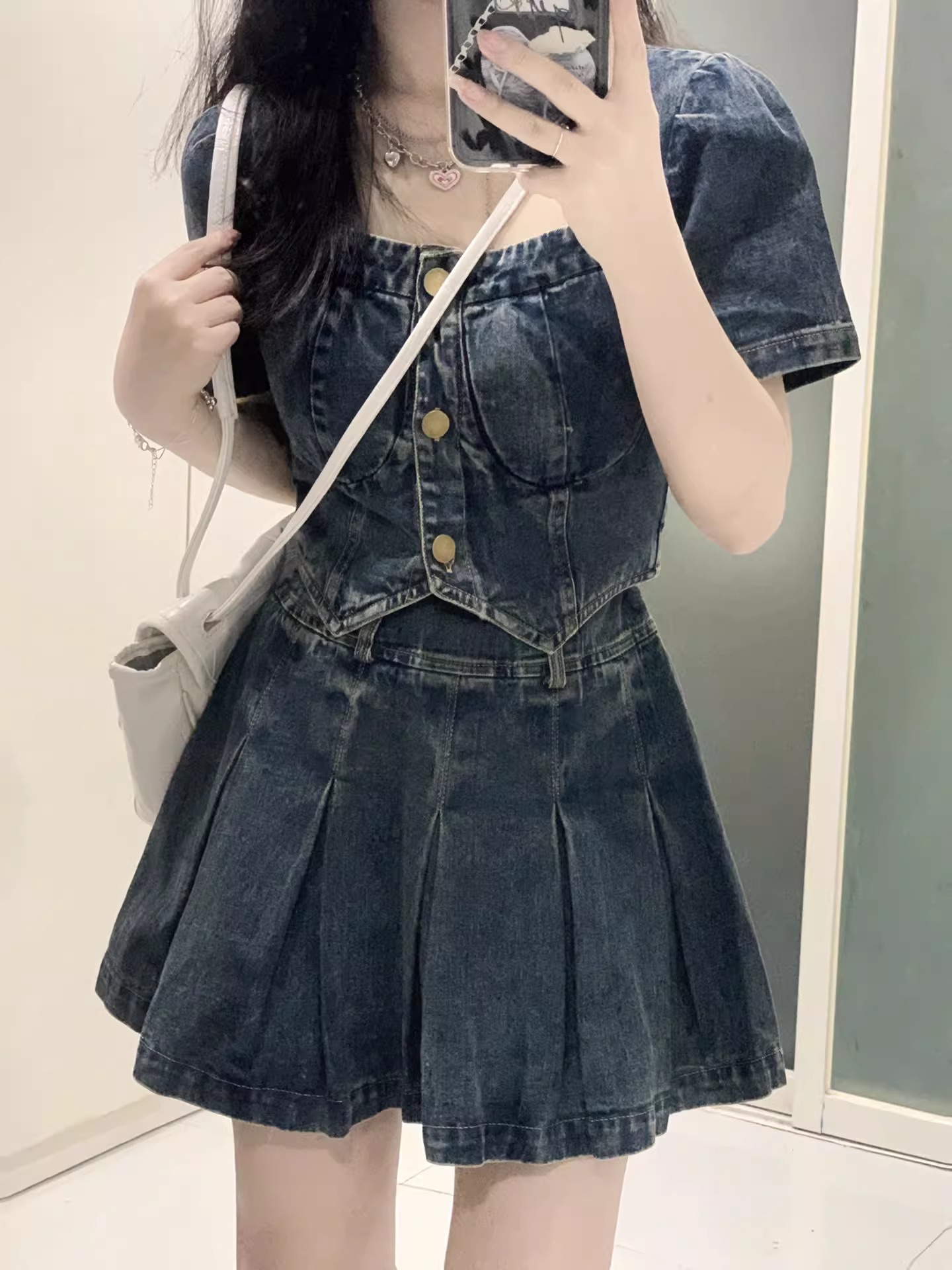 早春韓系穿搭套裝女2024新款牛仔外套高腰半身裙鹽系高級感兩件套
