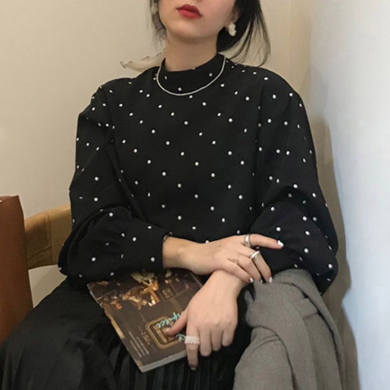 韓國chic法式復古黑白小波點半高領寬鬆泡泡袖打底襯衫上衣女