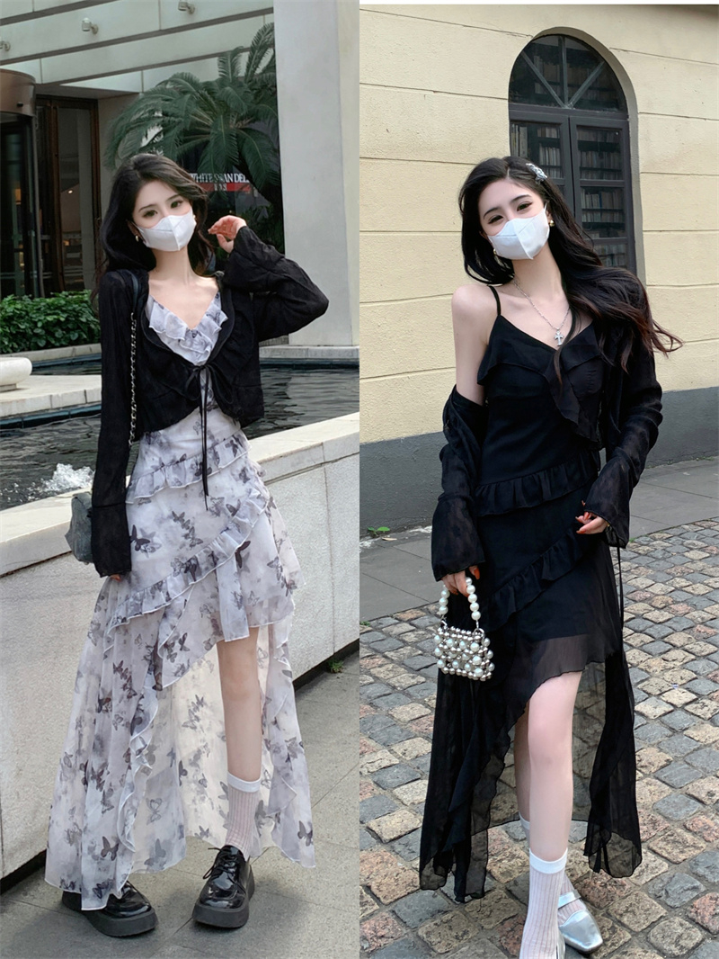 松本喪喪 蝴蝶裙碎花不規則吊帶裙2024早春連衣裙新款荷葉邊裙子