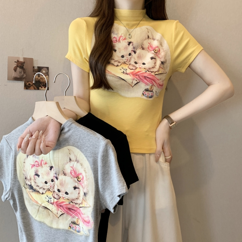 實拍  40支純棉 2024夏裝半高領印花短袖打底衫女卡通