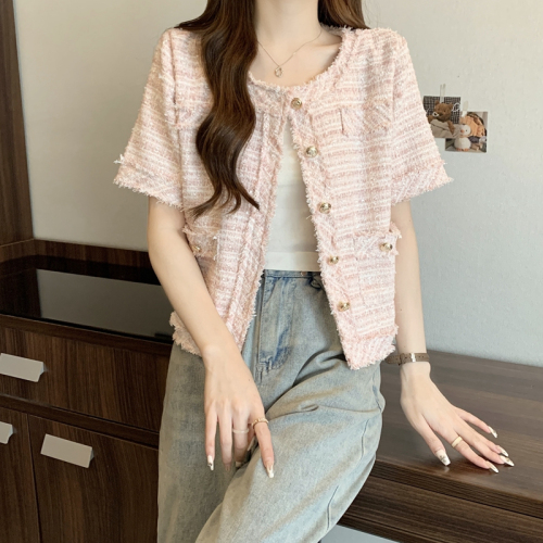 Actual shot of small fragrant style jacket for women 2024 new style tweed tassel short versatile loose foreign style short-sleeved top