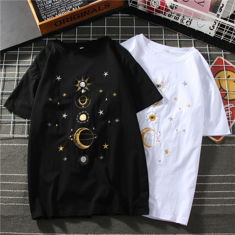 40支95%純棉刺繡王炸星球系短袖t恤女夏新款韓版寬鬆上衣