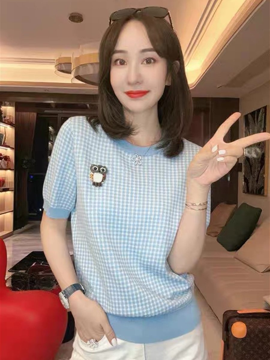 手工釘珠貓頭鷹針織衫女夏季2024年新款休閒百搭短款圓領打底上衣
