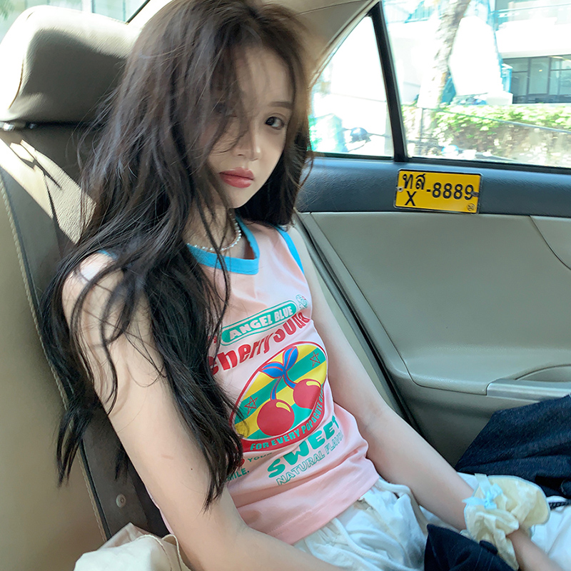 無袖上衣女多巴胺夏季設計感字母印花短款甜辣小背心潮流減齡百搭