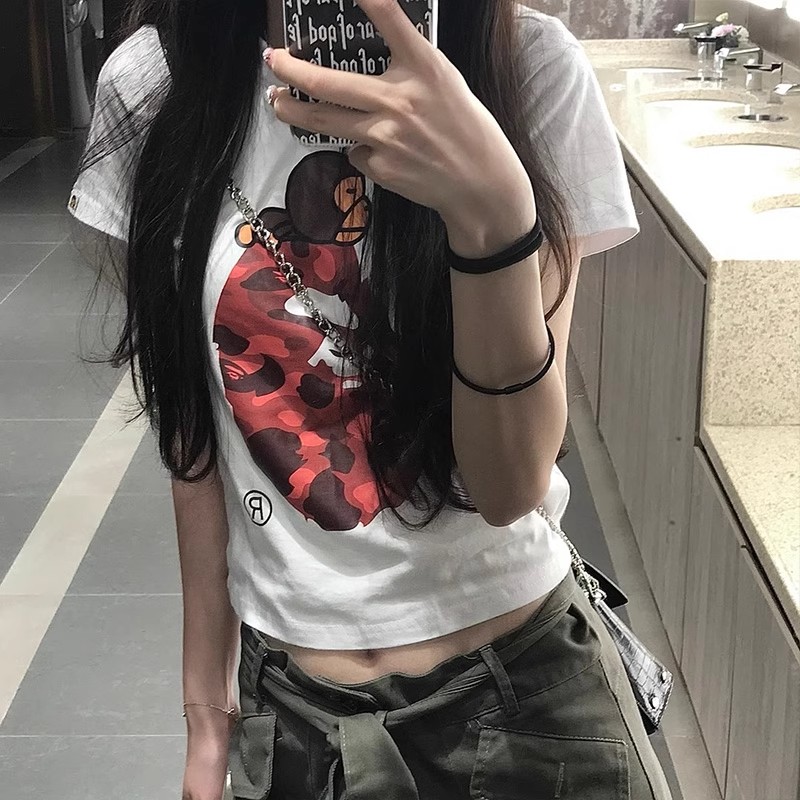 純棉短款美式復古印花短袖T恤女夏季新款少女修身顯瘦上衣