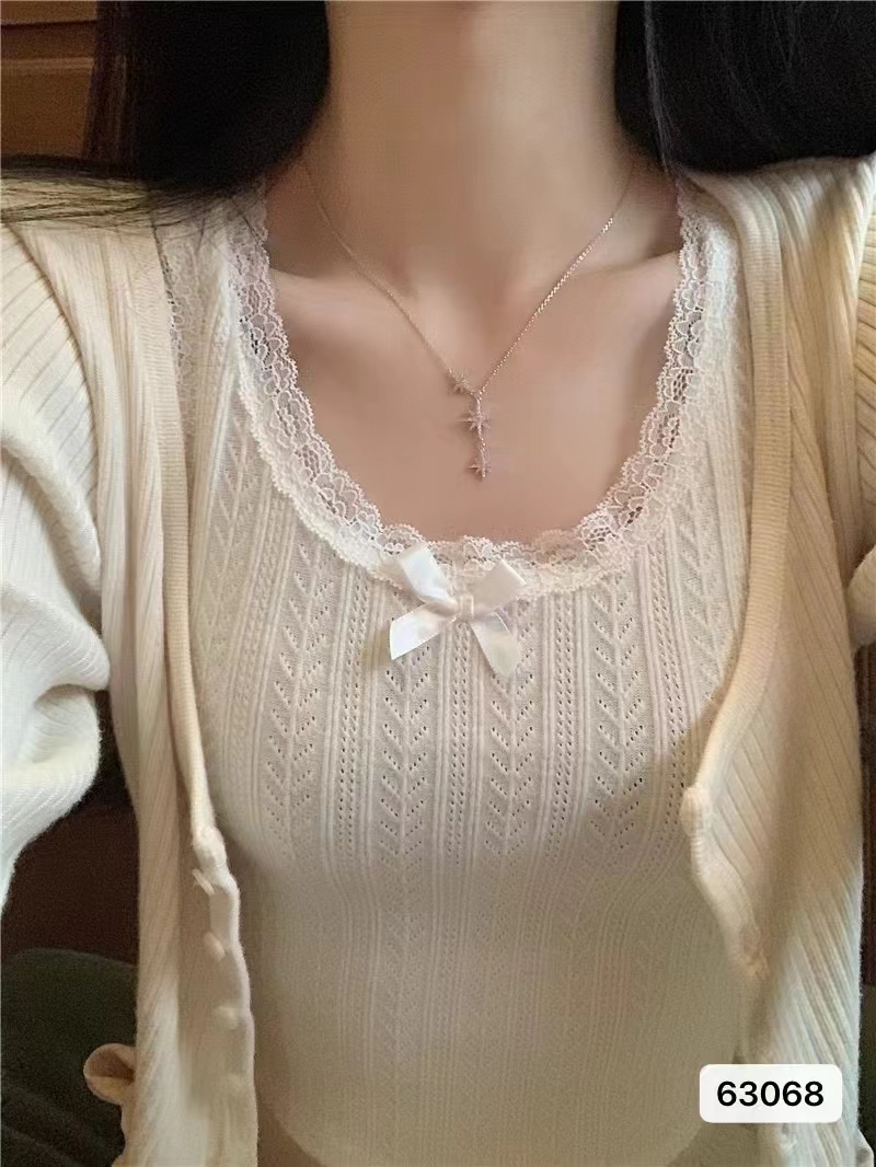 針織大碼女裝純色風辣妹蕾絲邊鏤空顯瘦背心