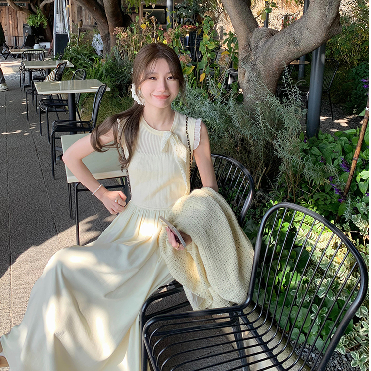 春夏韓版新款設計感蕾絲花邊蝴蝶結連衣裙女裝修身收腰A字裙長裙