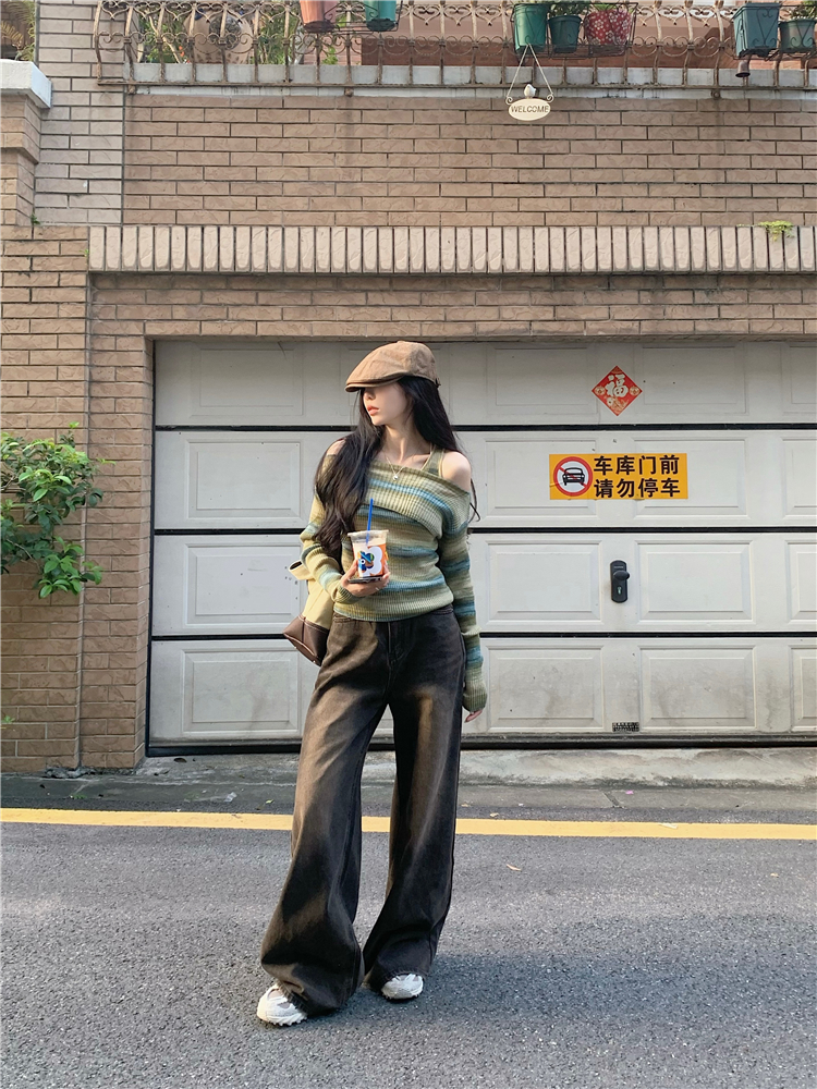 實拍~修繩針織上衣女內搭打底兩件套+復古闊腿牛仔褲套裝