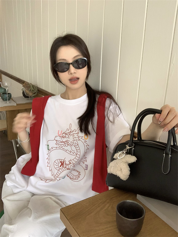 實拍~韓版百搭慵懶龍印花短袖寬鬆T恤上衣