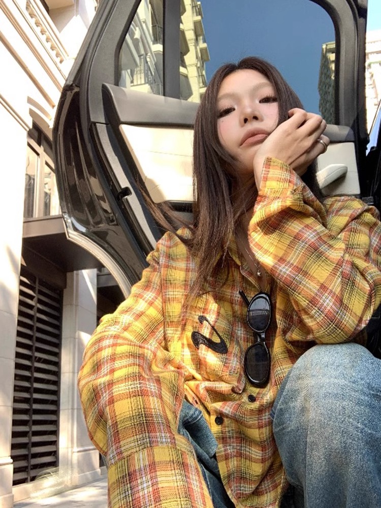 原版面料 美式復古辣妹高級感慵懶風寬鬆格子百搭襯衫