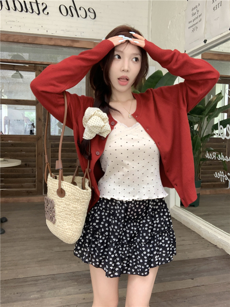 實拍~黑莓純欲提花蕾絲吊帶+韓系溫柔長袖上衣開衫