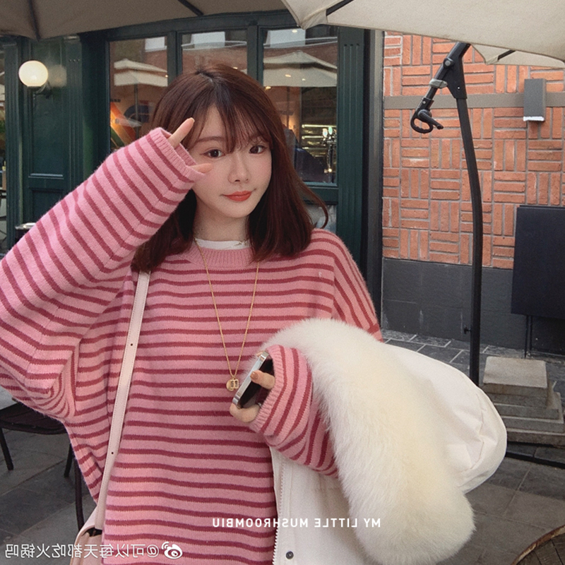 金蘑菇菇千層酥條紋毛衣韓版休閒減齡少女小寬鬆條紋毛衣