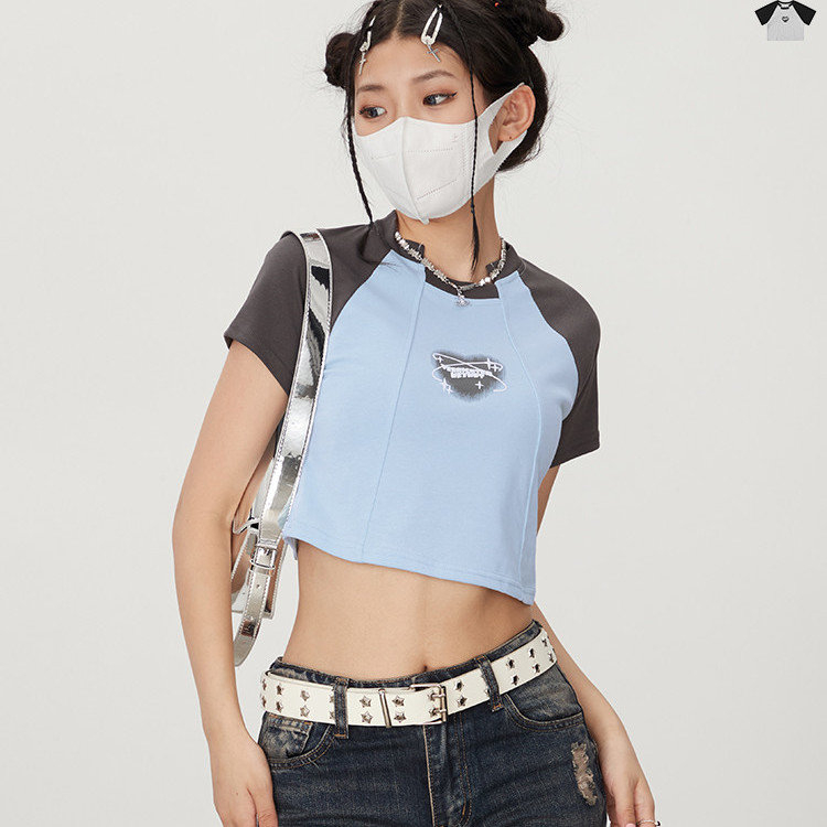 潮流青春街頭辣妹短款上衣插肩袖鹽系藍色t恤女夏