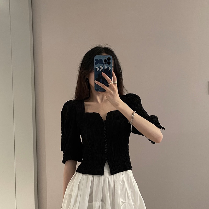 黑色v領短袖T恤女夏氣質高級顯瘦泡泡袖鎖骨設計感復古法式上衣女