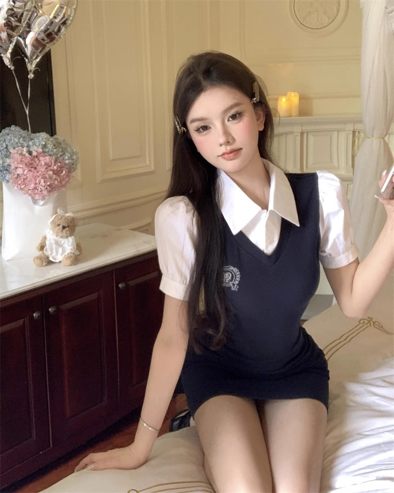 學院風假兩件泡泡袖連衣裙女夏季收腰拼接包臀短裙辣妹裙子韓國單