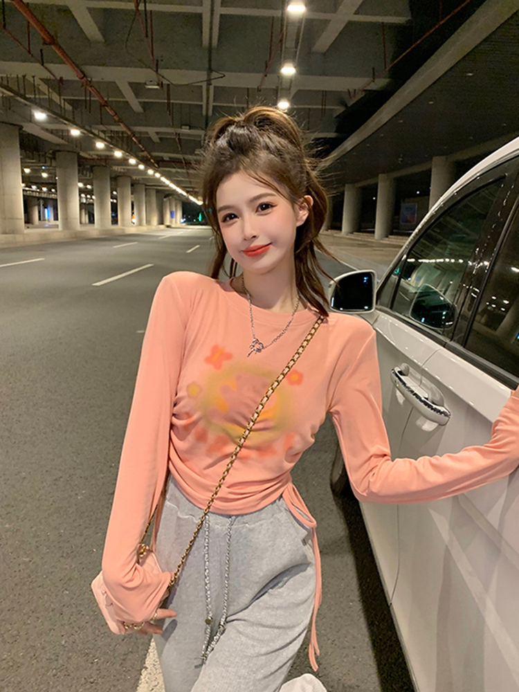 小熊印花長袖T恤女春季辣妹韓版時尚設計感修身顯瘦短款上衣