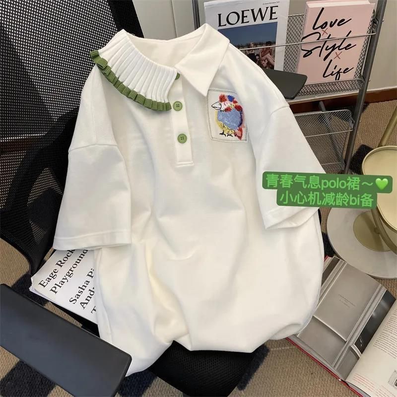 原版做工白色女短袖夏設計感小眾不規則甜美洋氣減齡polo領上衣