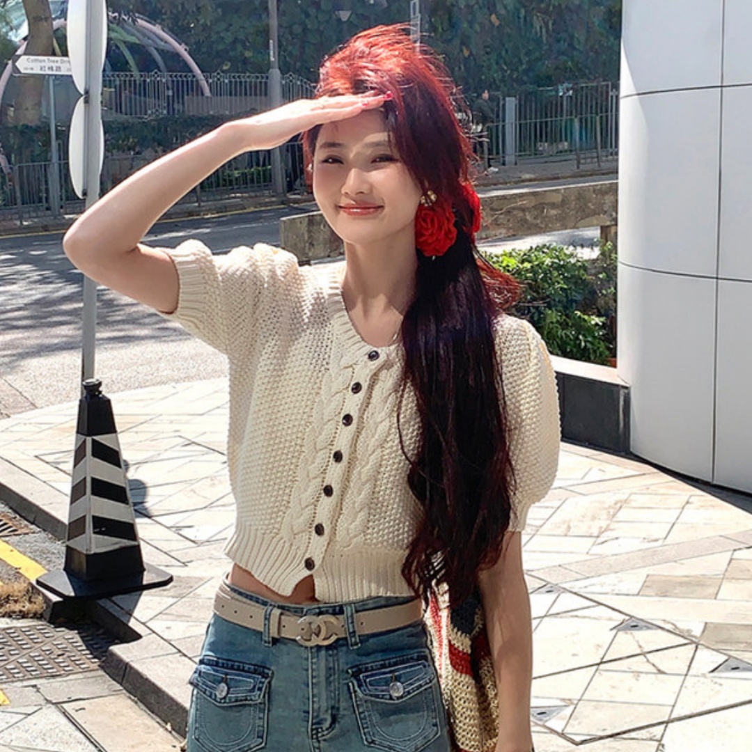 女夏季新款時尚百搭上衣今年流行杏色別致麻花單排扣短袖開衫