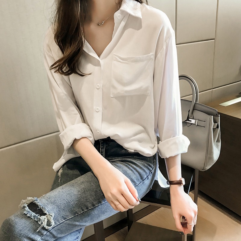女裝新款氣質OL白襯衫女長袖上衣寬鬆慵懶韓范襯衣打底衫