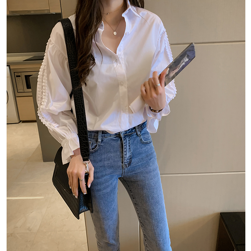 春裝新款時尚寬鬆白襯衫女心機上衣設計感鏤空長袖襯衣打底衫