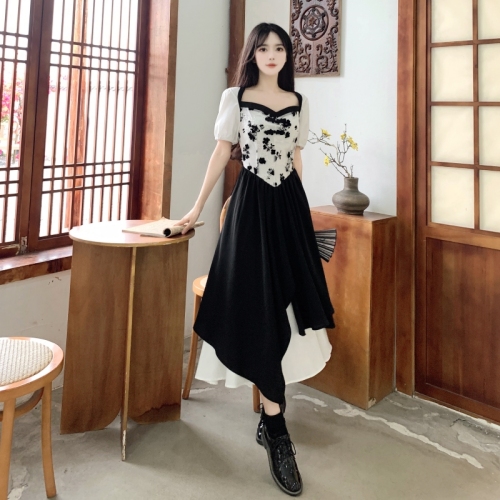 大码女装新中式国风复古碎花拼接连衣裙夏季新款植绒小众气质长裙