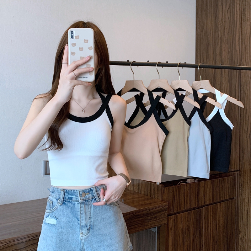 實拍 法式胸墊一體上衣女夏設計感修身外穿內搭美背掛脖無袖背心
