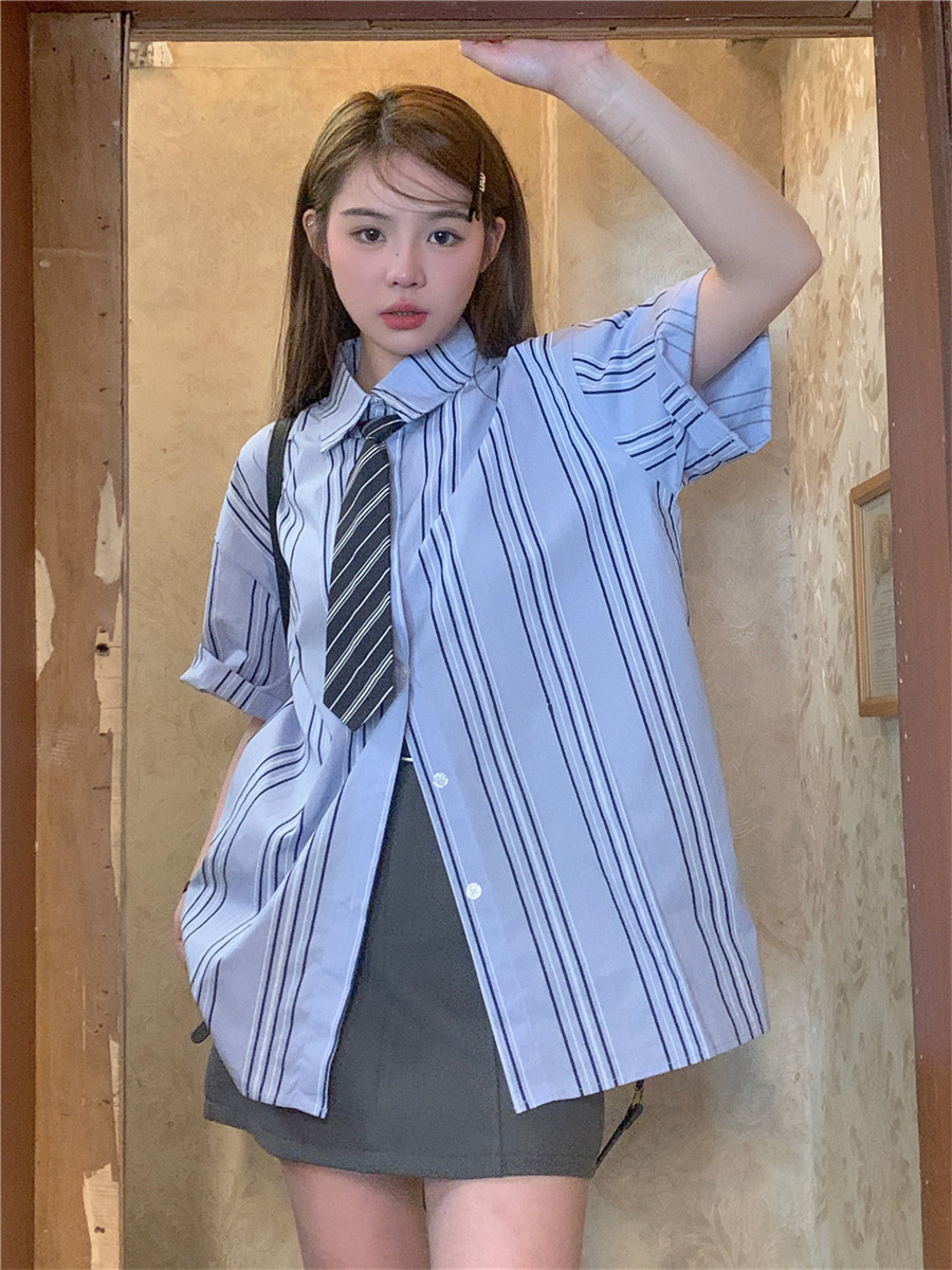 實拍~夏季新款休閒百搭學院風條紋短袖襯衫配領帶