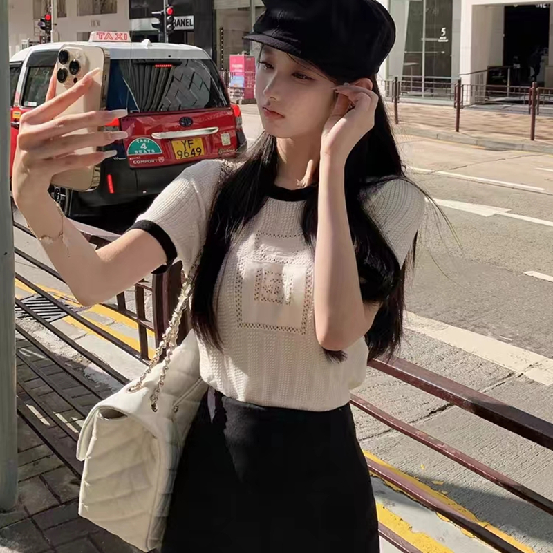 數字鏤空撞色針織衫短袖t恤女春夏新款時尚洋氣圓領短款上衣