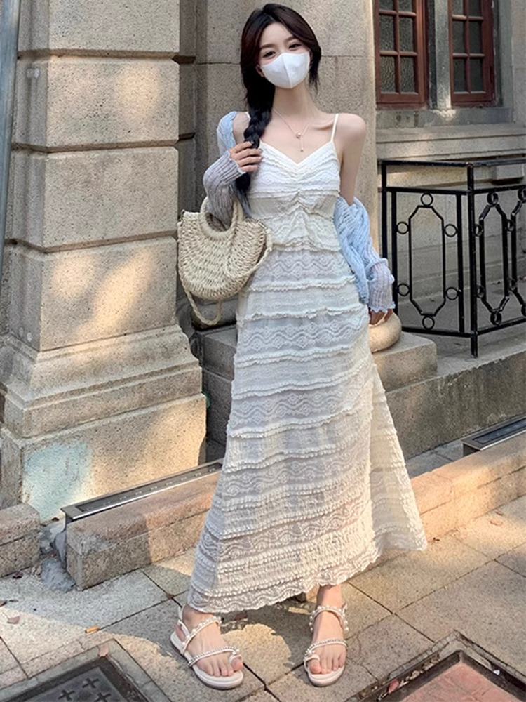 法式氣質蕾絲吊帶連衣裙女度假胖mm遮肉顯瘦長款無袖裙子開衫套裝