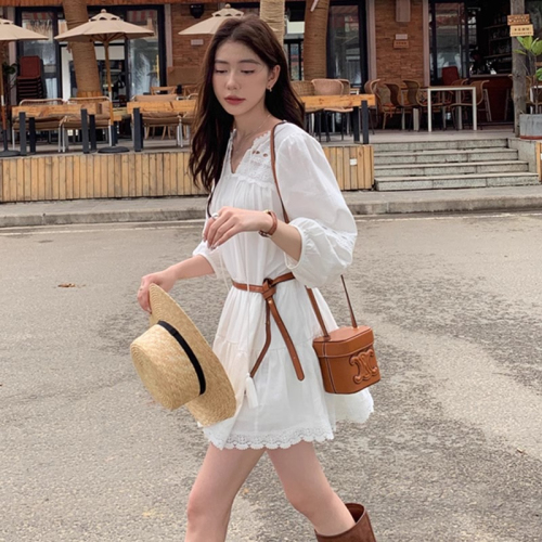 French white puff sleeve shirt dress for women 2024 new spring and summer long-sleeved Yunnan travel wear