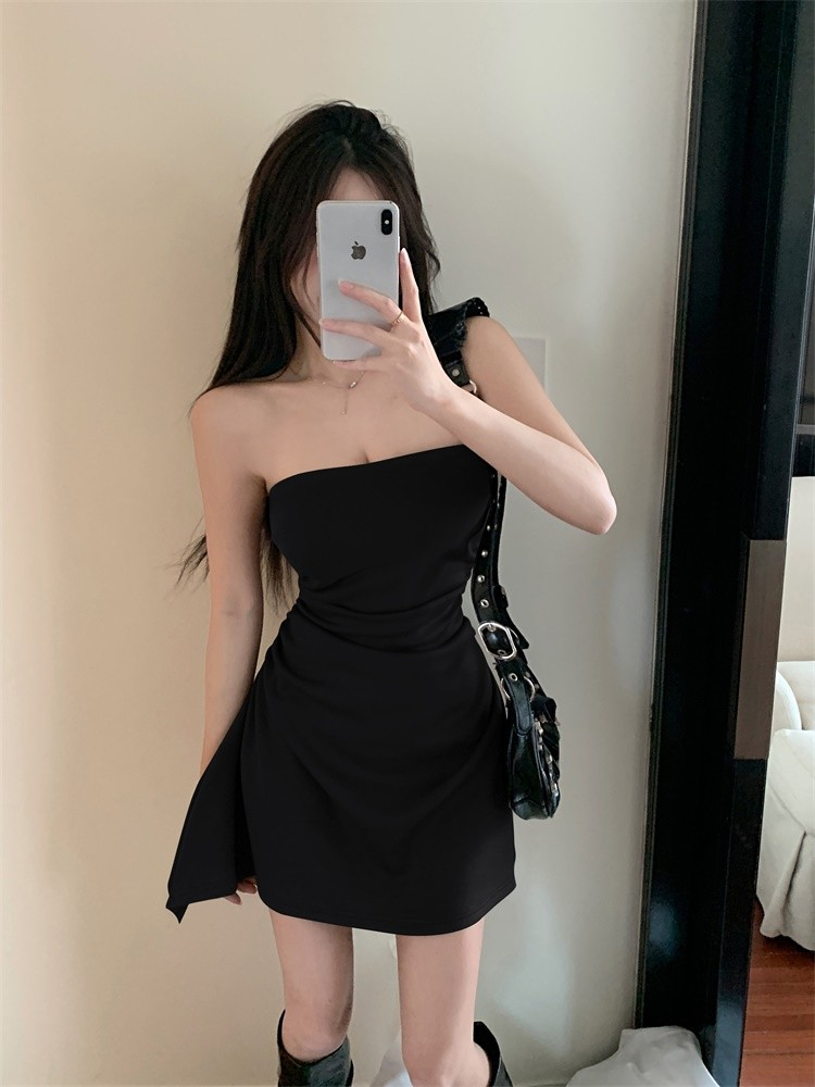 純欲風抹胸連衣裙女夏季短裙辣妹收腰褶皺緊身性感不規則a字裙子
