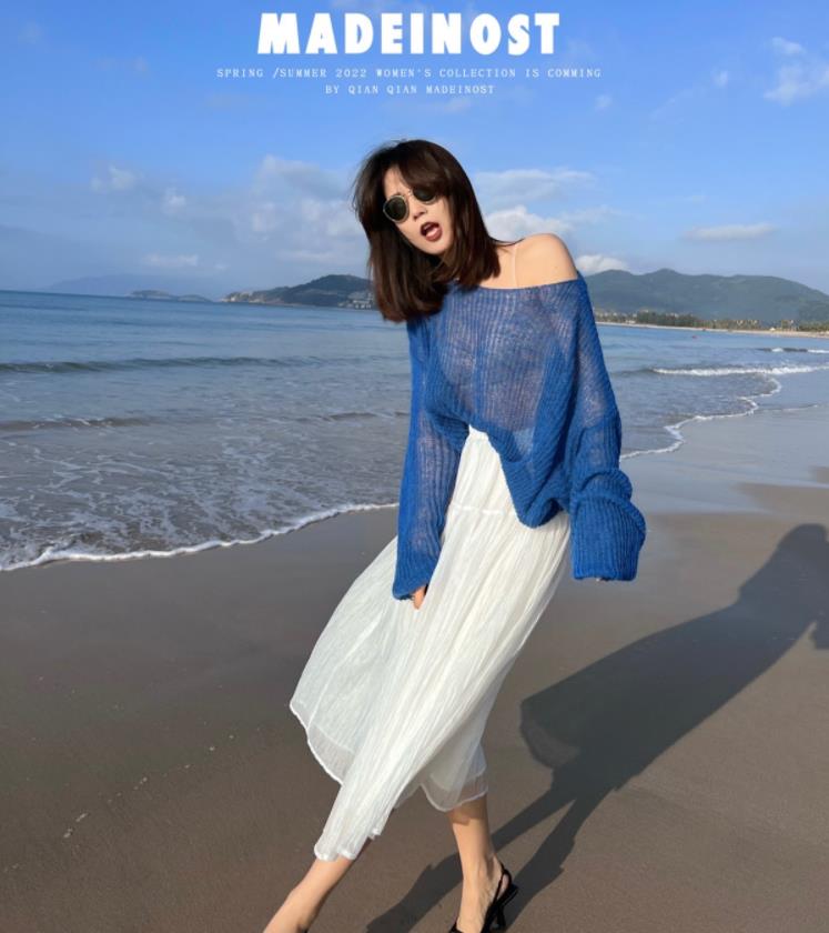 原創高級感簡約鏤空輕薄微透長袖針織衫春季新款女