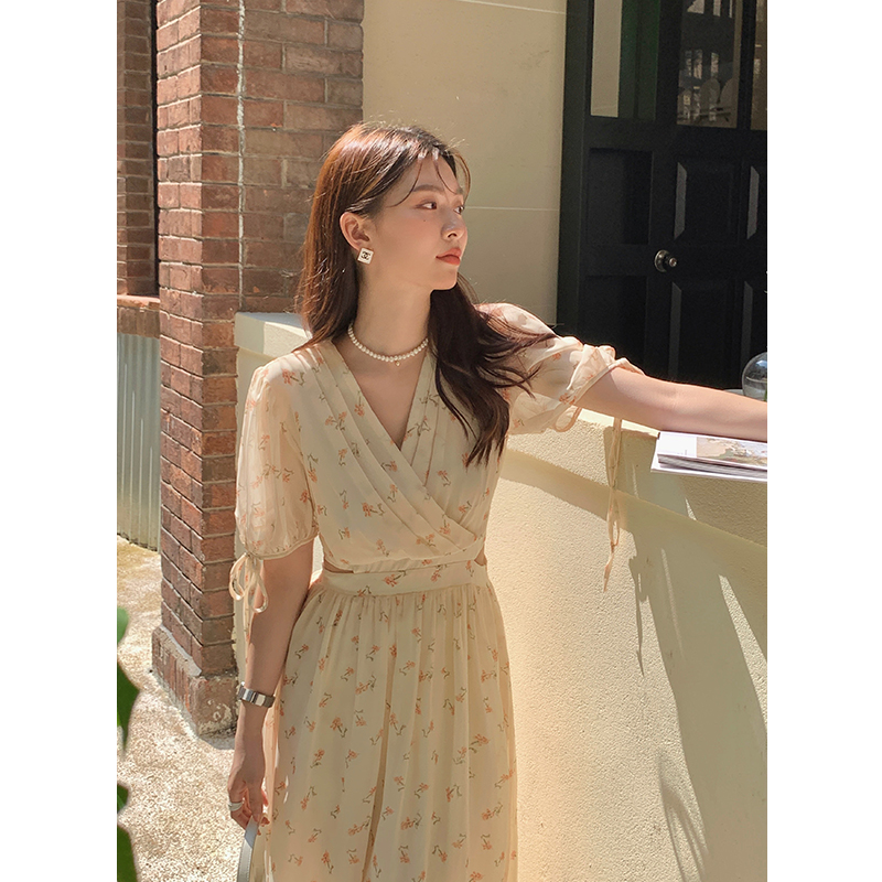 實拍 2024夏季新款法式優雅V印花長款裙子短袖雪紡碎花連衣裙女