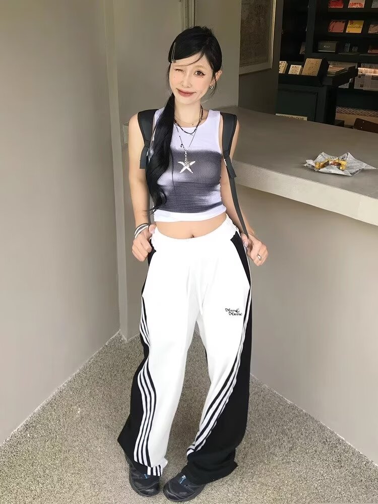 美式復古休閒褲女春夏黑白條紋運動褲寬鬆闊腿衛褲設計感拖地長褲