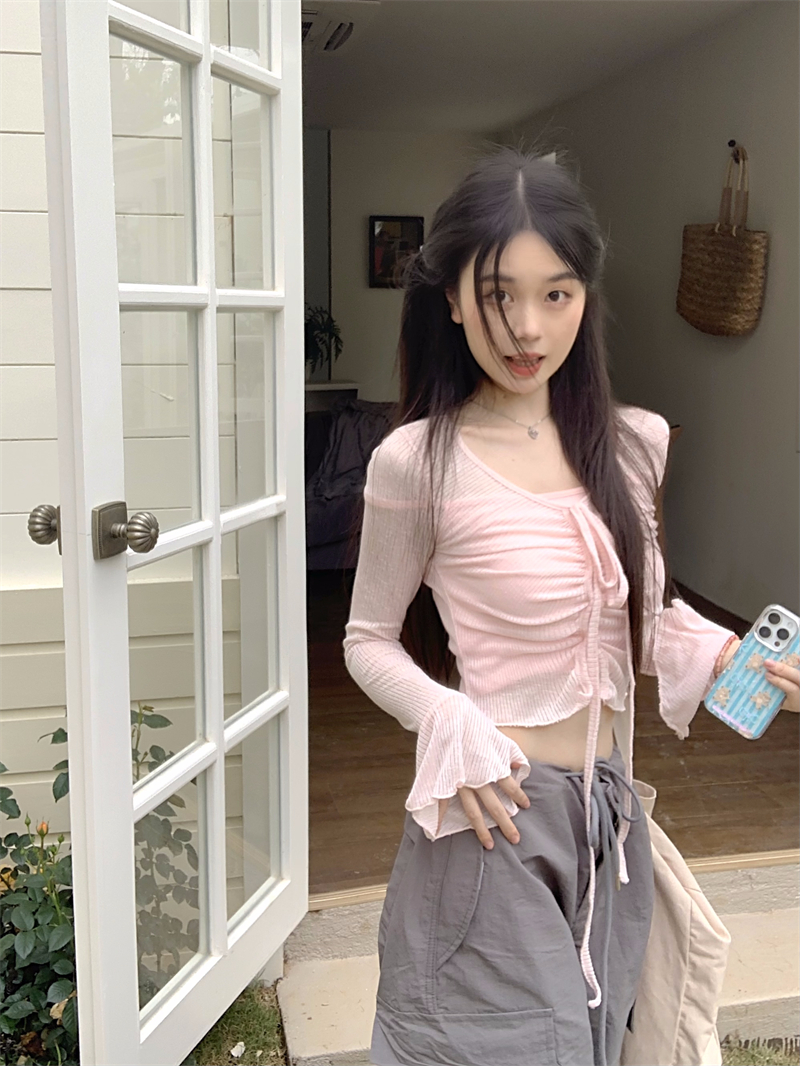 實拍  甜美網紗喇叭袖針織兩件套女設計感系帶修身上衣