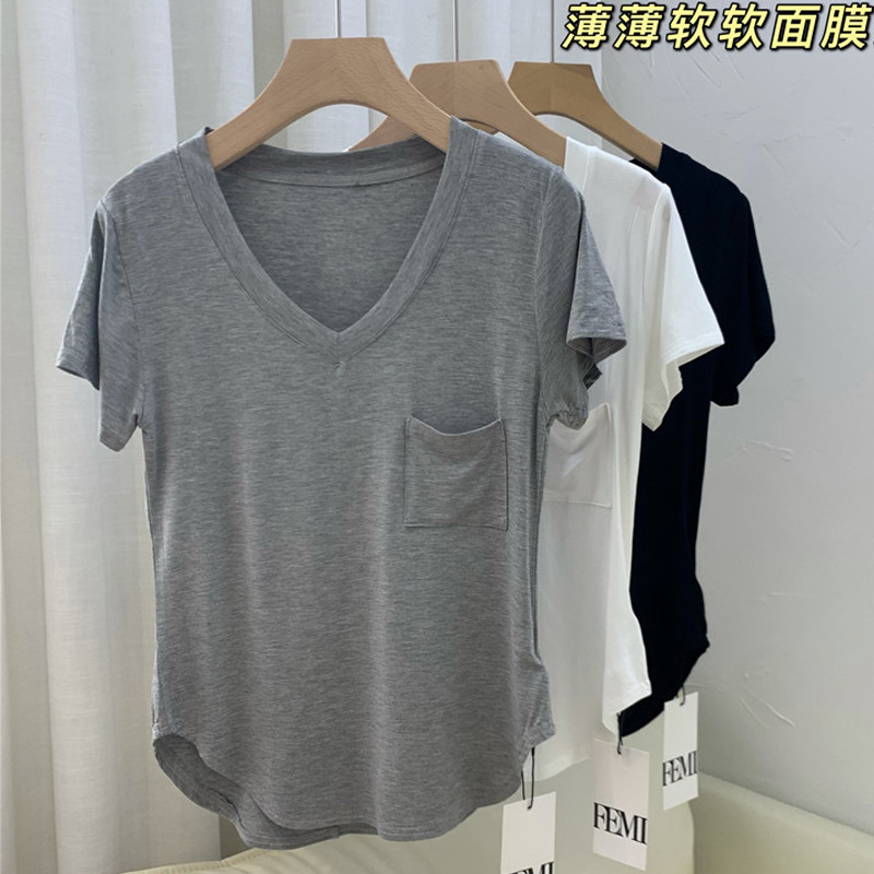 人棉2024夏季墜感寬鬆韓版中長款打底衫短袖V領T恤上衣薄款