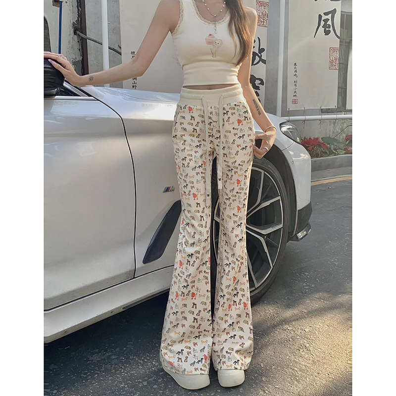 實拍 春季高腰加絨米黃狗狗滿印抽繩微喇叭休閒褲子