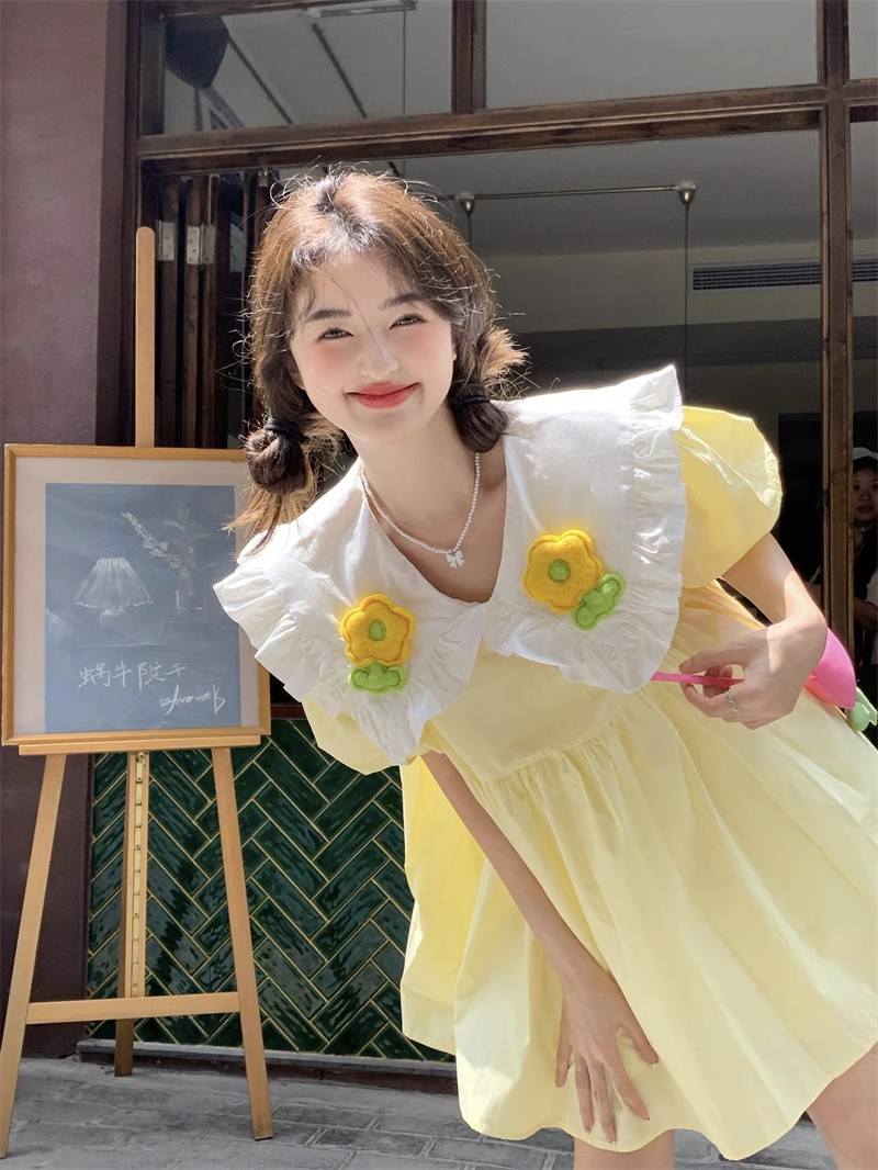 韓國原單大碼女裝娃娃領連衣裙夏季甜美減齡重工立體花朵寬鬆短裙